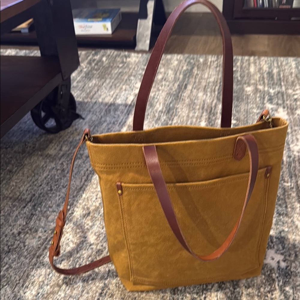 Vibrant Yellow Canvas Tote with Brown Leather Straps